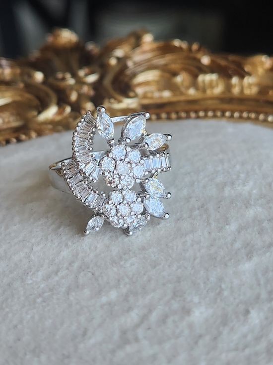 Vintage Jewelry - Vintage Sterling Silver 925 Marquise & Baguette Cluster Cocktail Statement Ring